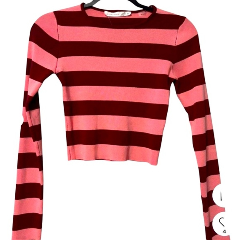 Altar’d State S pink & red striped fitted long sleeve knit cropped sweater top